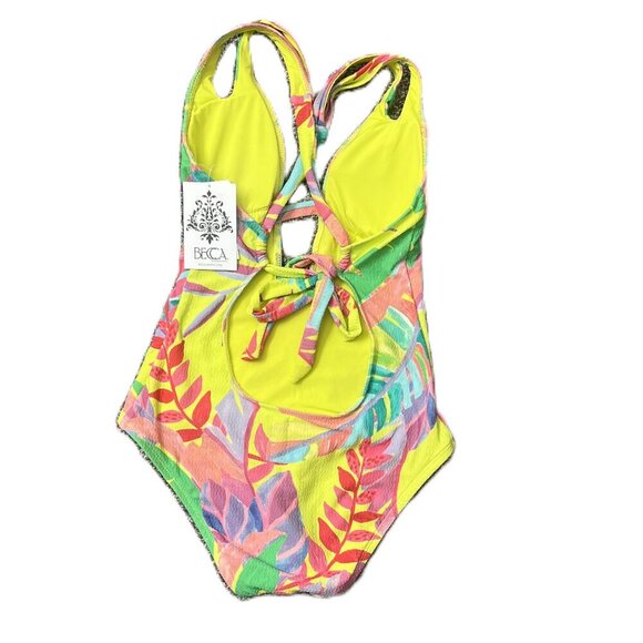 NWT Becca Women's Multicolor Neon Yellow Floral Print One Piece Swimsuit, Small - Picture 2 of 8
